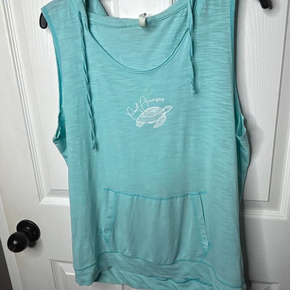 US Apparel XL Teal Aqua Port Aransas Sleeveless Hoodie Tank Pocket Front
